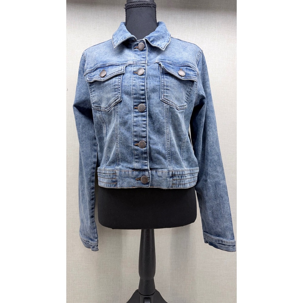 V.I.P. Jeans Women Blue Denim‎ Jacket Size L Button Front Cropped Trucker Coat